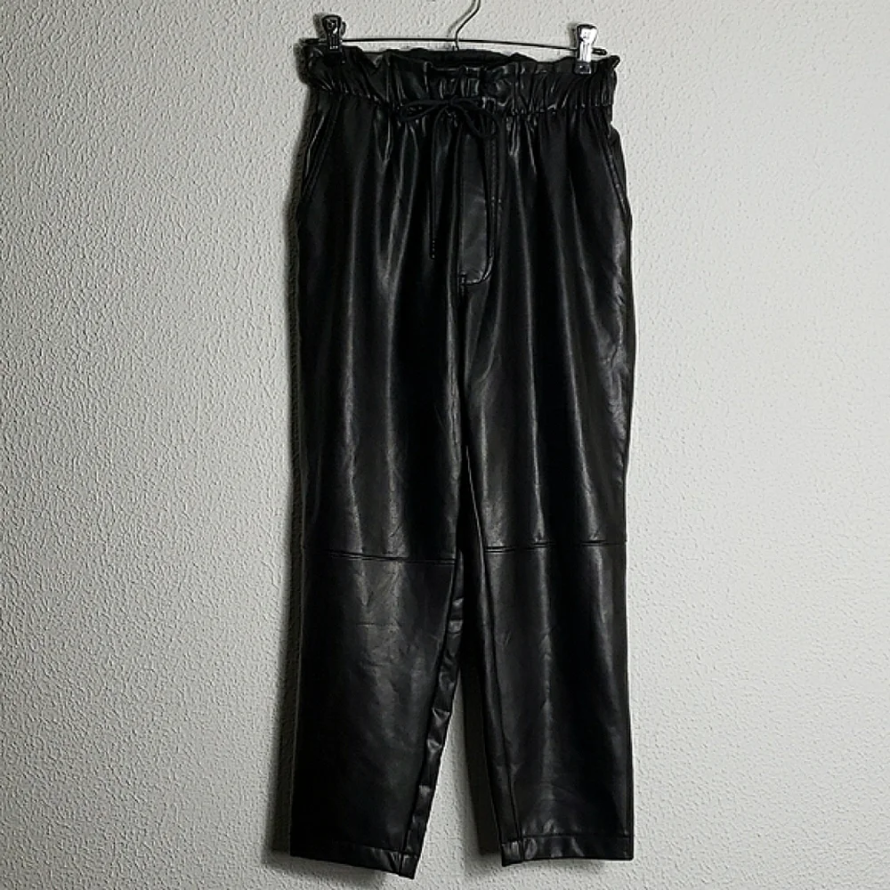 Abercrombie & Fitch Black Faux Leather Paperbag Pants Tie Waist Straight Leg S - Picture 2 of 13